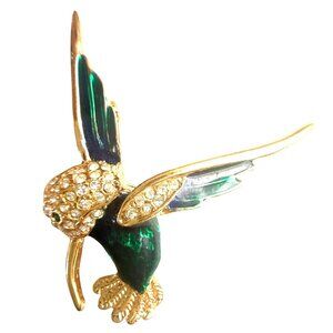 Vintage Roman Hummingbird Brooch Gold tone Green Enamel w Rhinestones Collectibl